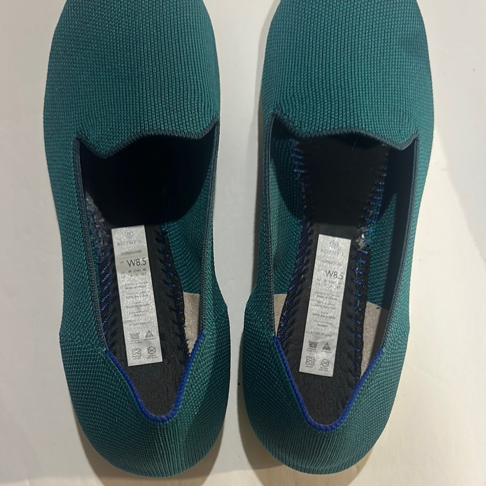 Rothy's Deep Teal jade Knit Flat loafers rounded toe w yellow bright bottom 8.5 - Picture 7 of 9